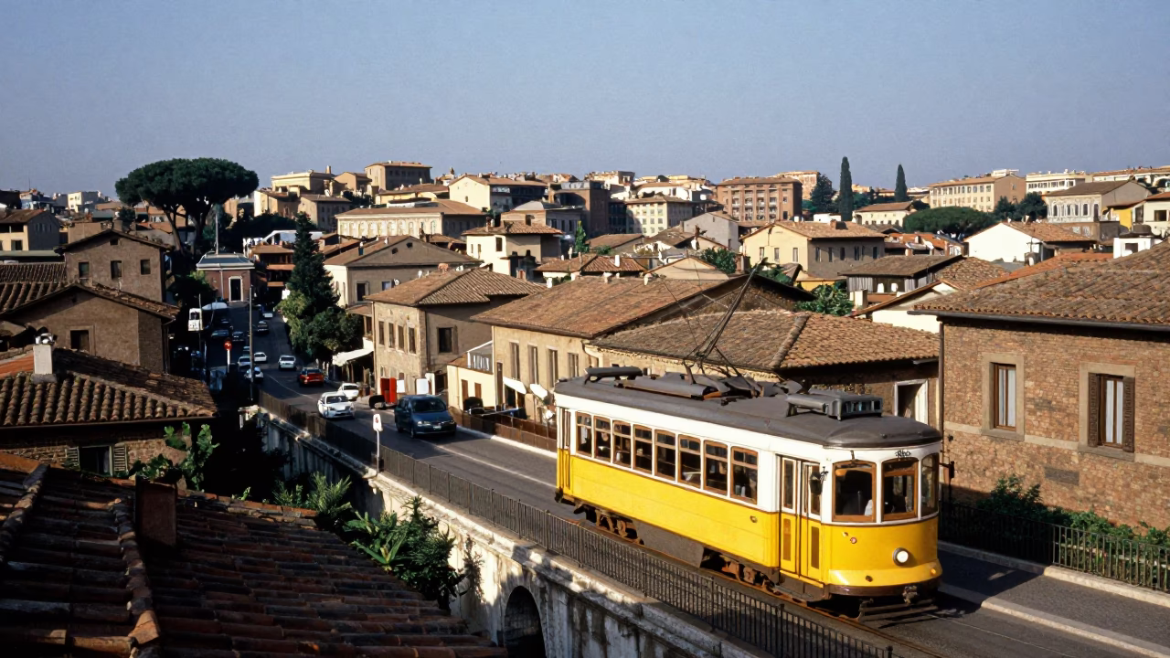 Rome Italy Tram Steep Hill Midmorning Light 1960s Style Landscape Horizon Shot in in Rome, Italy