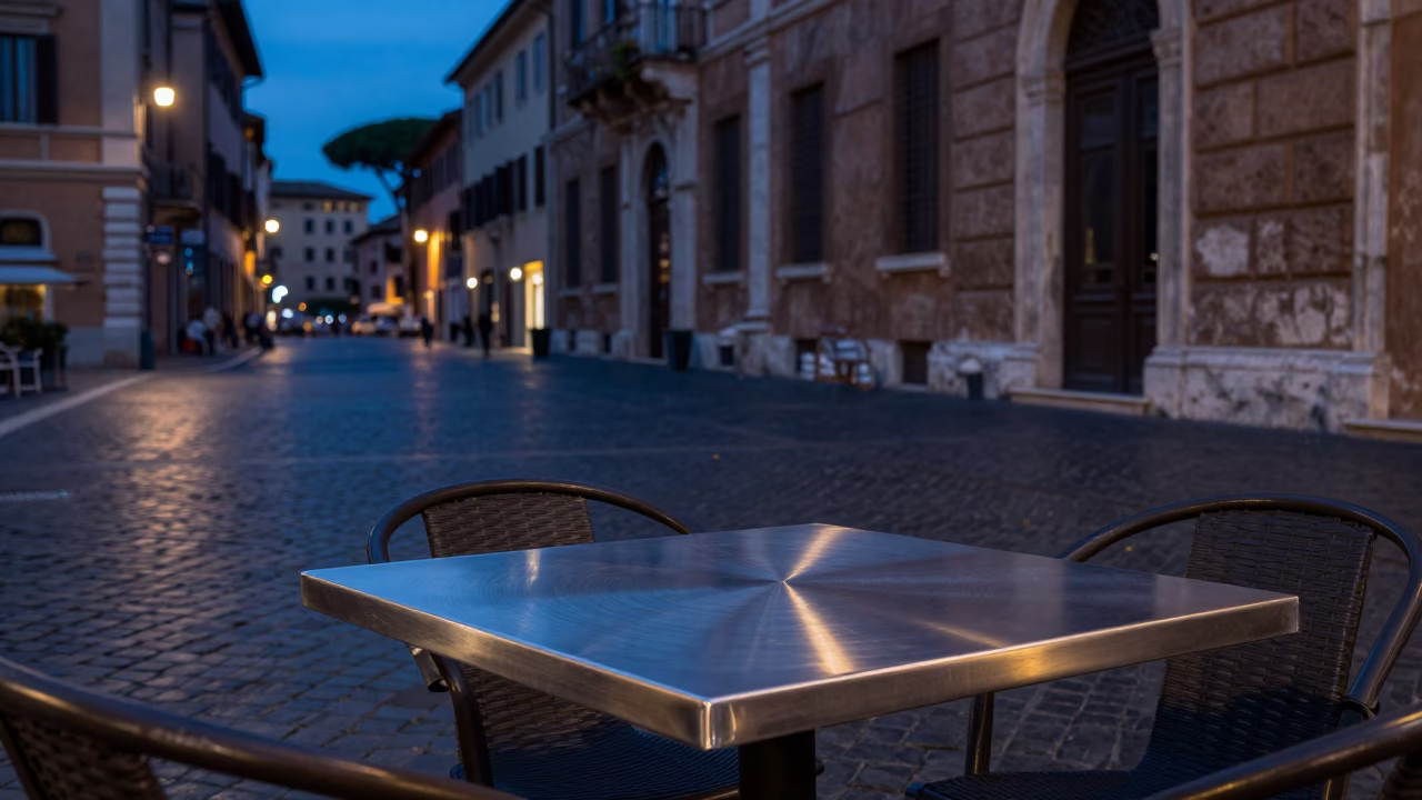 Rome Italy Twilight Street Scene with Brushed Steel Tabletop and Book Light in in Rome, Italy