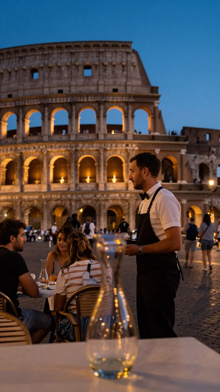 Rome Italy Twilight Street Scene with Glass Carafe and Casual Dining in in Rome, Italy