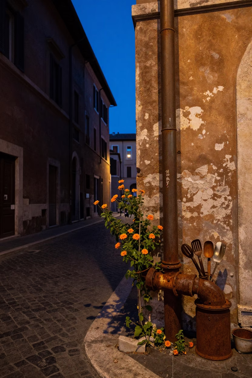Rome Italy Twilight Street Scene with Rust and Kitchen Utensils in in Rome, Italy