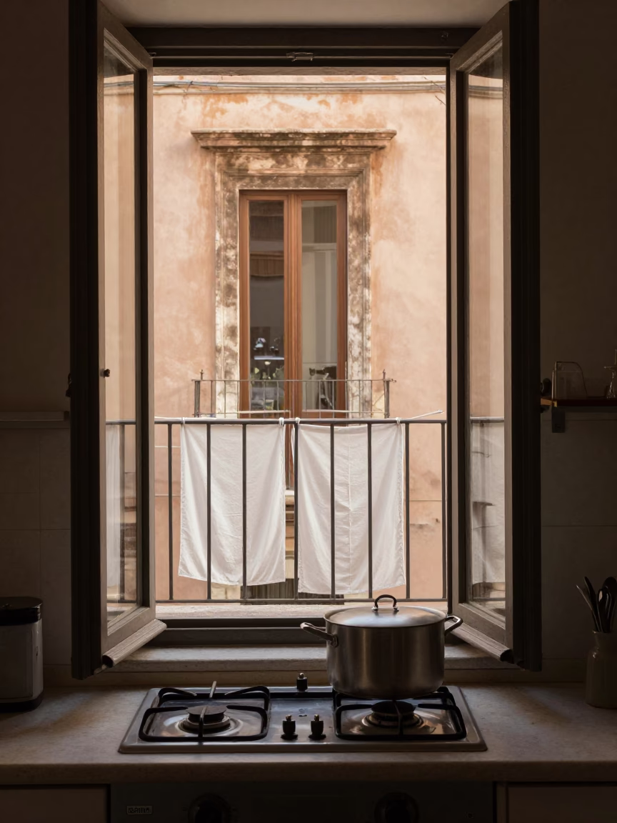 Rome Kitchen Window at Late Afternoon Light in in Rome, Italy