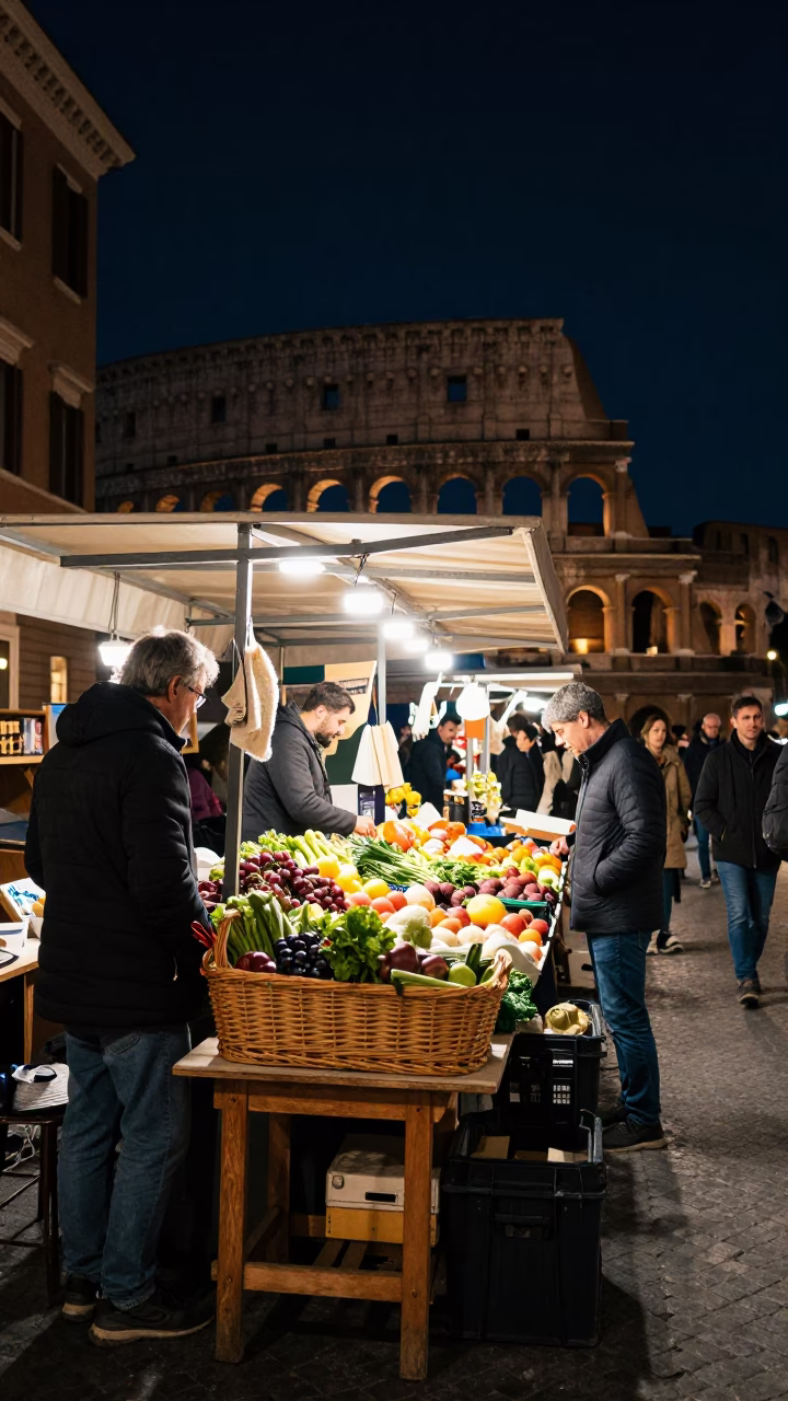 Rome Market Stall at The Deepest Night Sky Light in in Rome, Italy