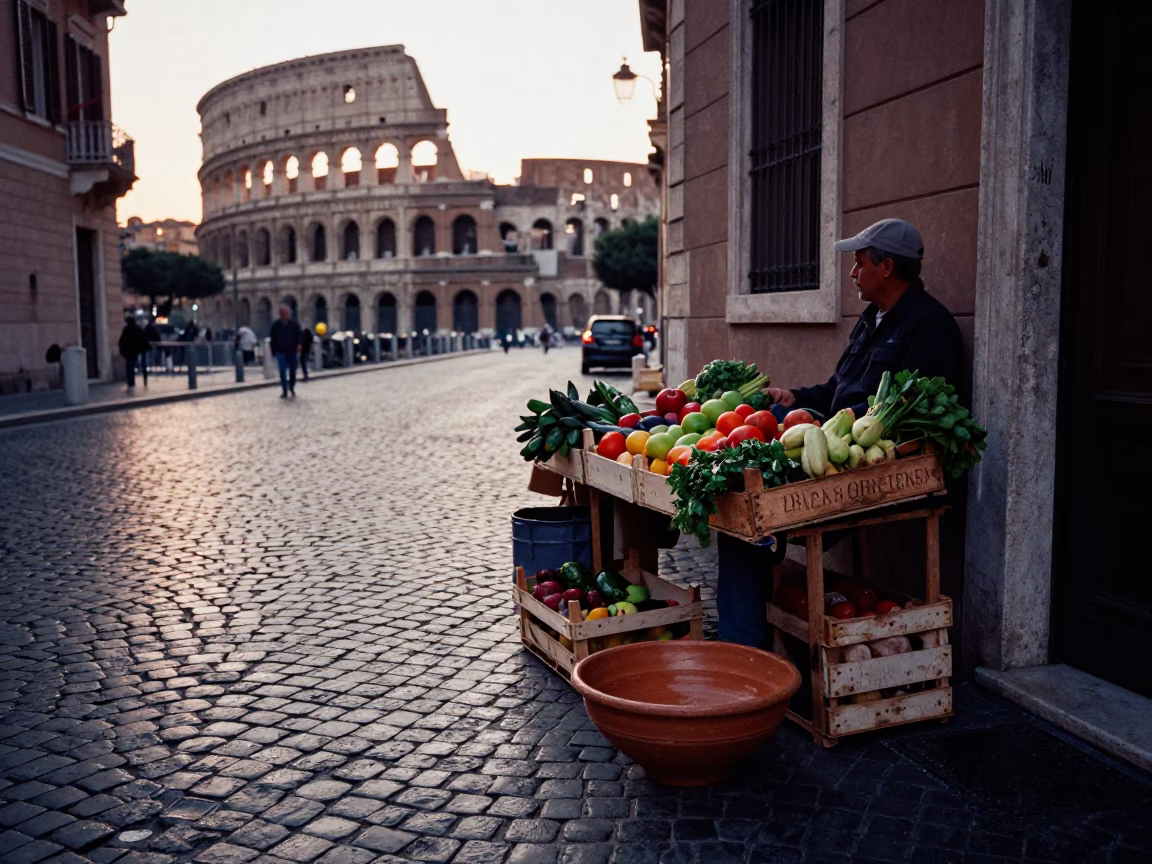 Rome Nautical Dawn Street Scene with Terracotta Bowl and Scarf in in Rome, Italy
