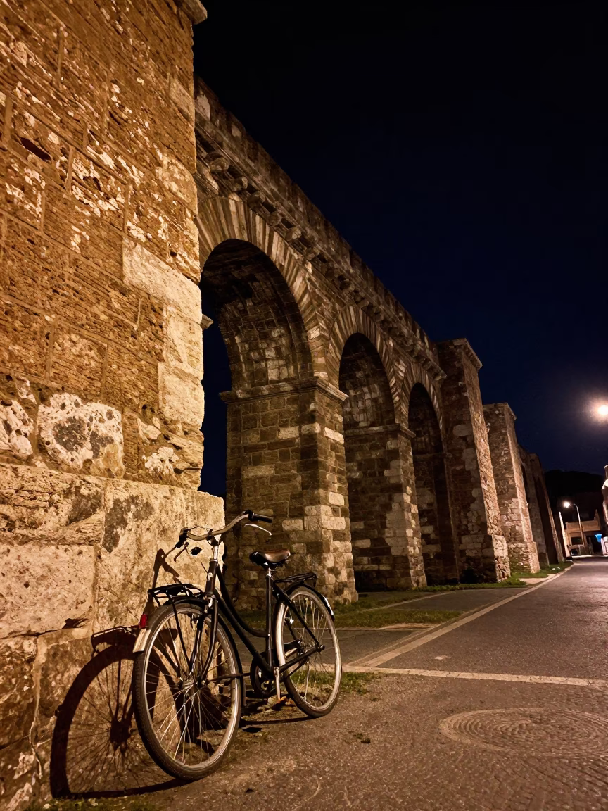 Rome Night Landscape Vintage Bicycle Leaning Against Ancient Stone Wall Under Streetlamp in in Rome, Italy