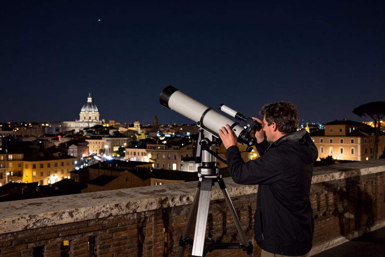 Rome Night Sky Observatory Terrace Astronomer Calibrating Telescope Under Deep Darkness in in Rome, Italy