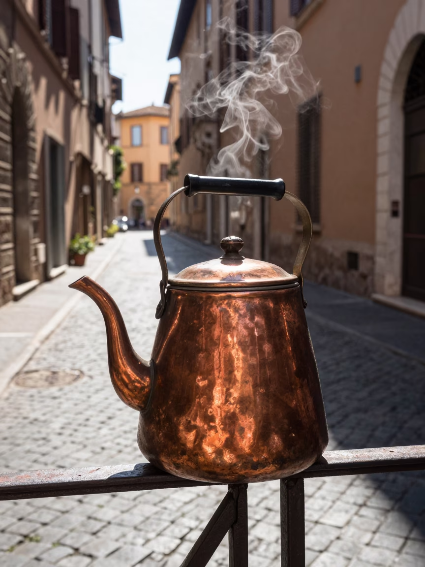 Rome Noon Sunlight Trastevere Cobblestones Kettle Steam and Vintage Street Life in in Rome, Italy