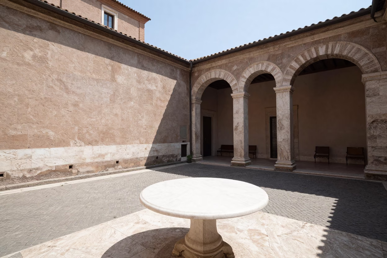 Rome Roman Courtyard at The Flat Glare Of Noon Light in in Rome, Italy