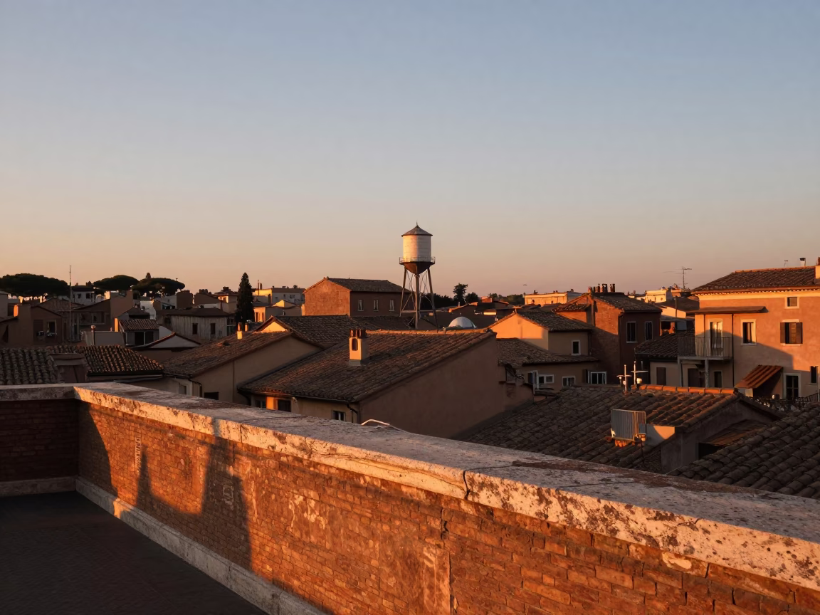 Rome Rooftop Terrace at Copper-toned Light Before Dusk in in Rome, Italy