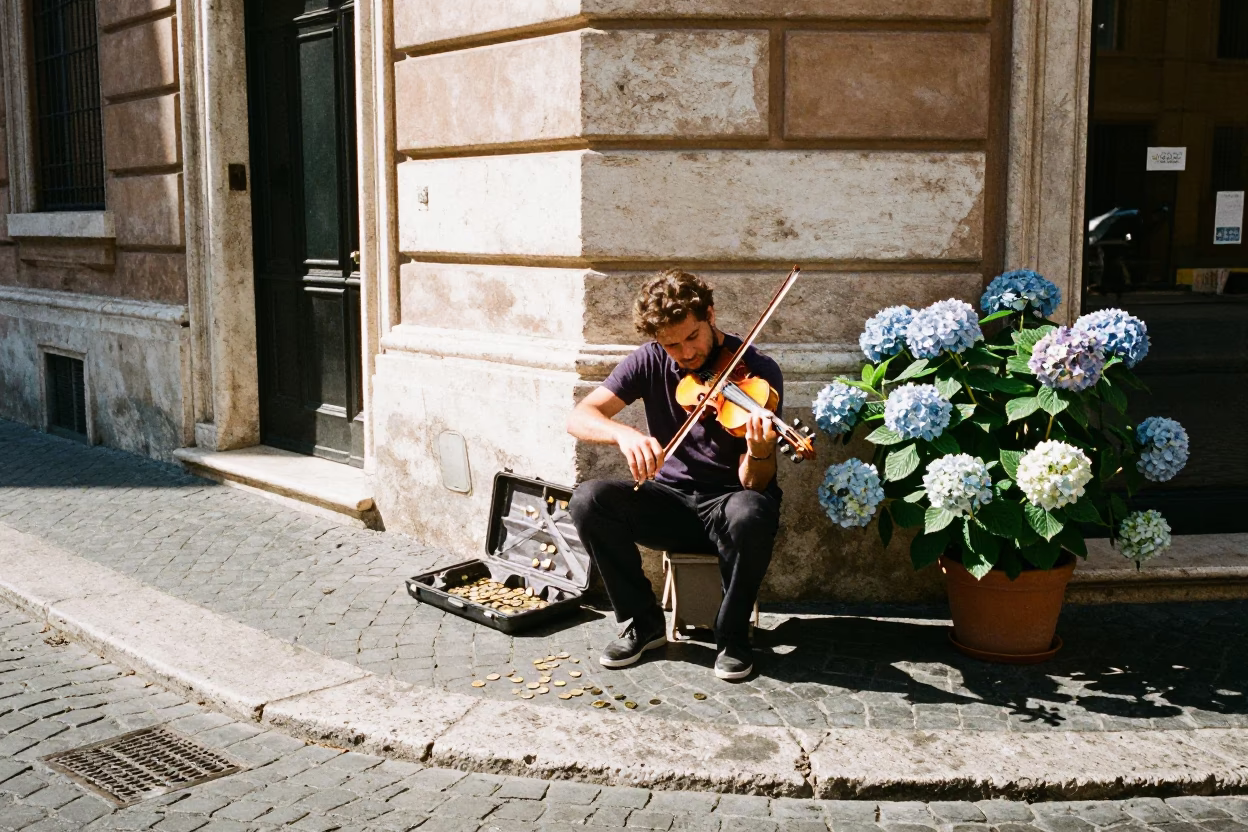 Rome Street Corner Afternoon with Violinist and Hydrangeas in in Rome, Italy