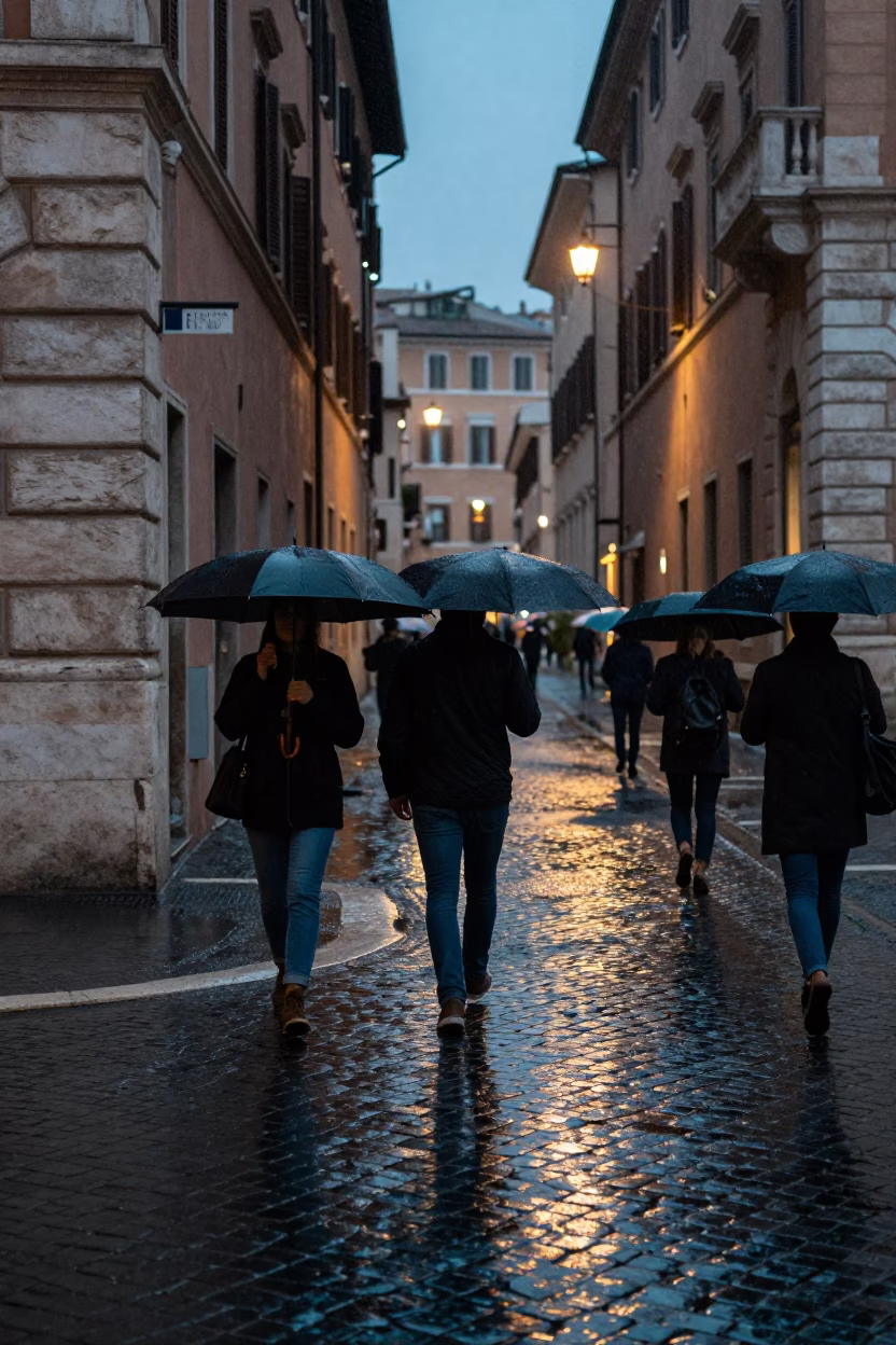 Rome Street Corner Dusk Rain Pedestrians Umbrellas Wet Cobblestones in in Rome, Italy
