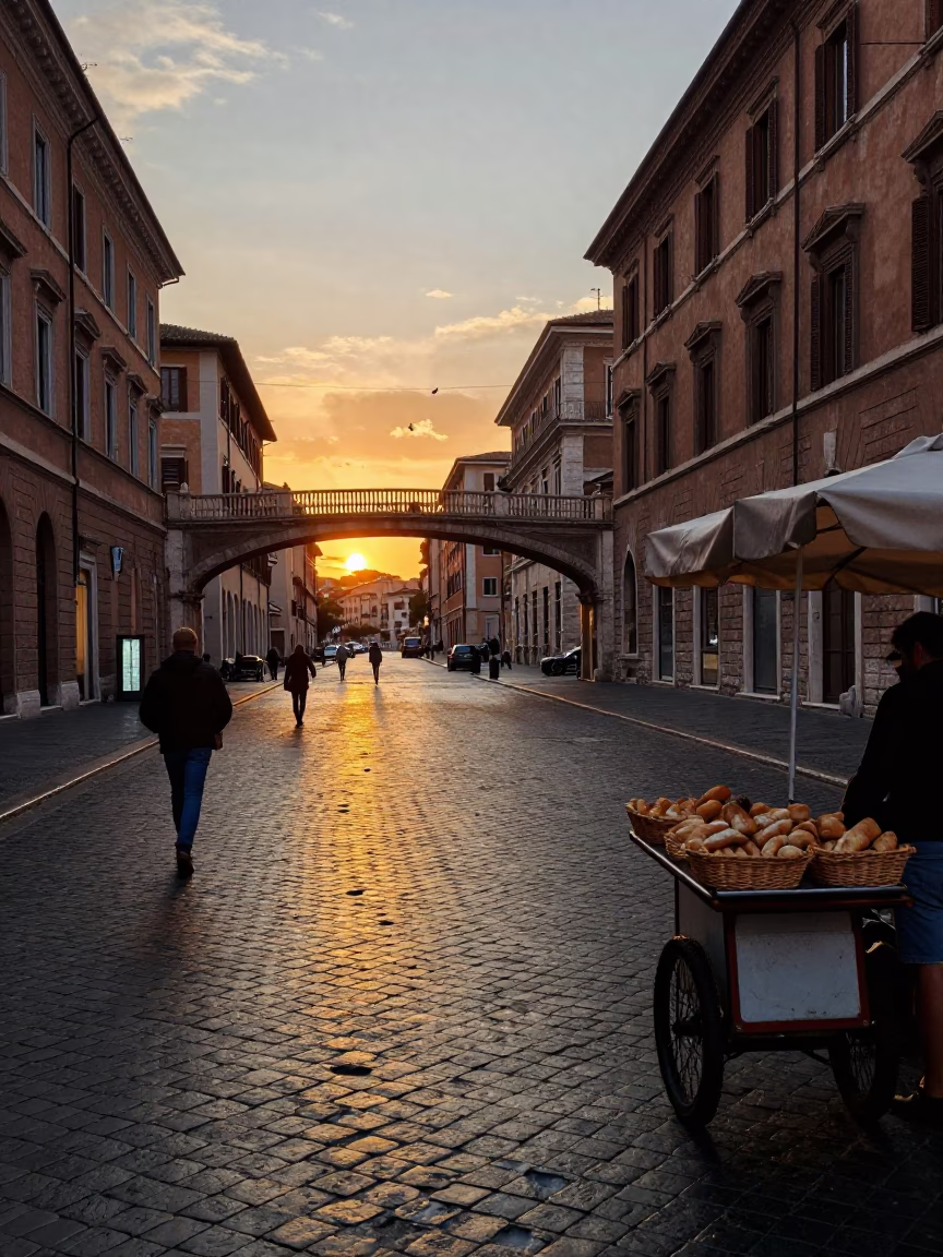 Rome Sunset Street Scene with Pedestrian Overpass and Local Life Details in in Rome, Italy