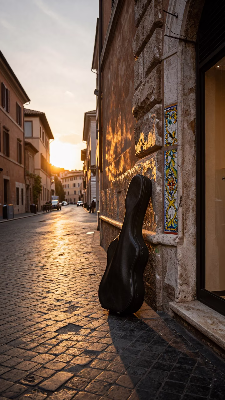 Rome Sunset Street Scene with Violin Case and Majolica Tile Detail in in Rome, Italy