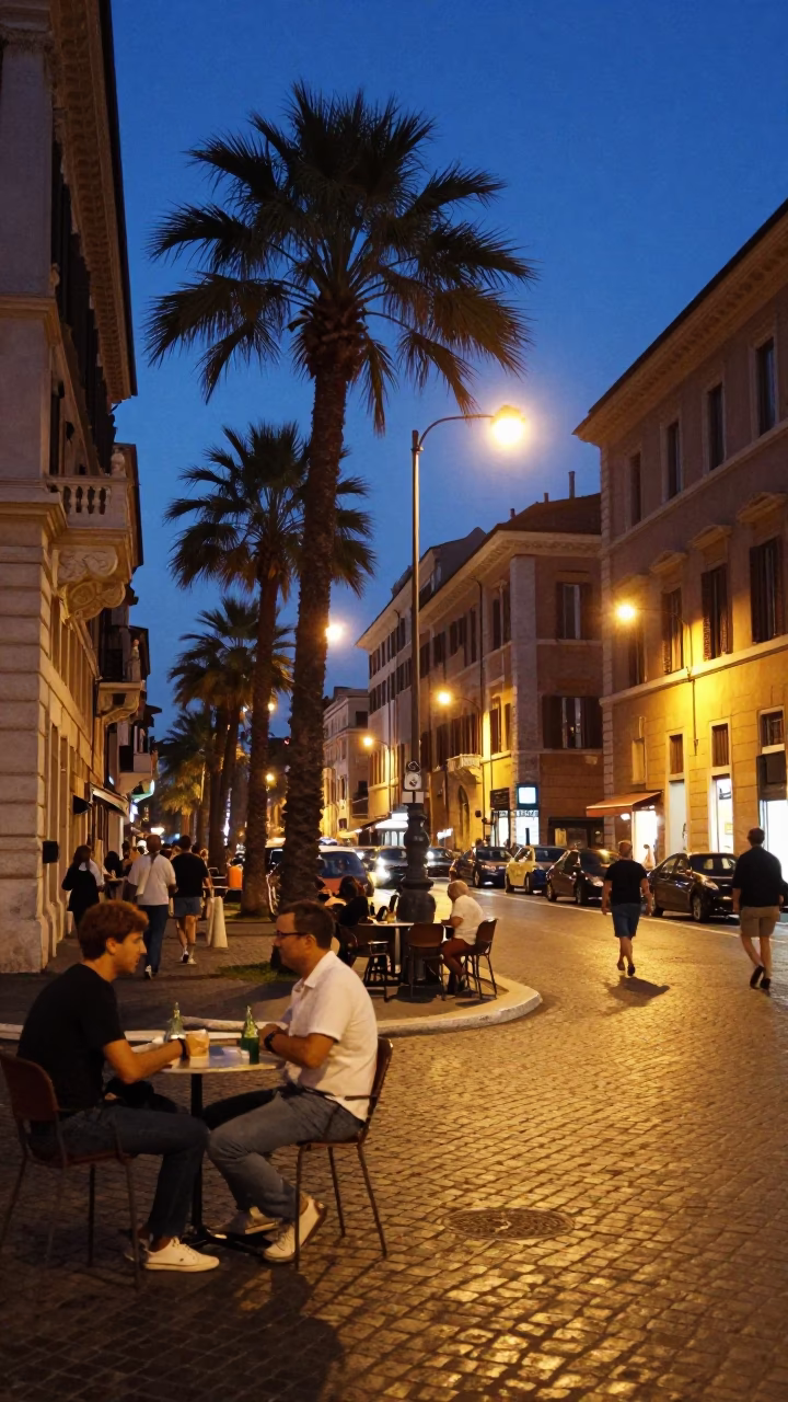 Rome Twilight Street Scene with Date Palm and Vintage Metro Train in in Rome, Italy