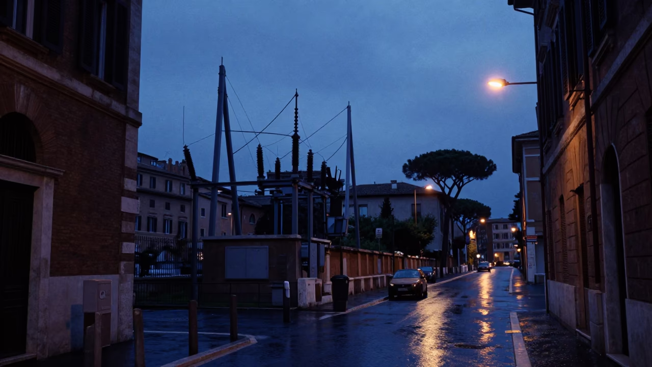 Rome Twilight Street Scene with Substation Insulators Sparkling Under Floodlights in in Rome, Italy