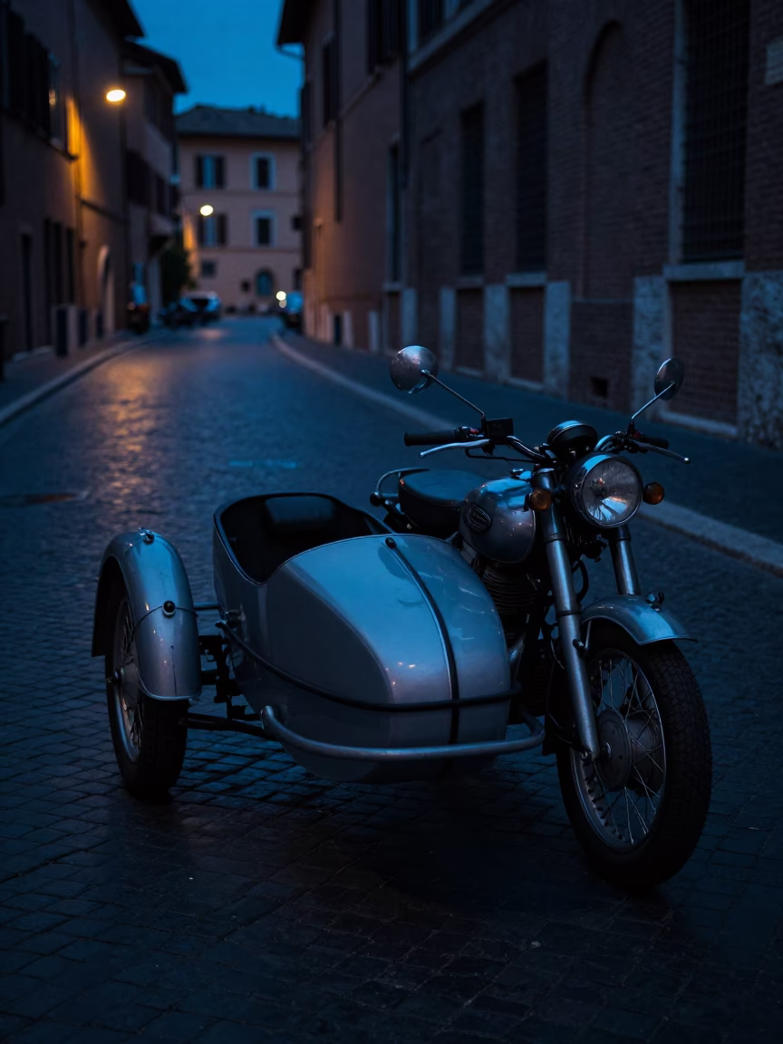 Rome Vintage Motorcycle at The Predawn Darkness Light in in Rome, Italy