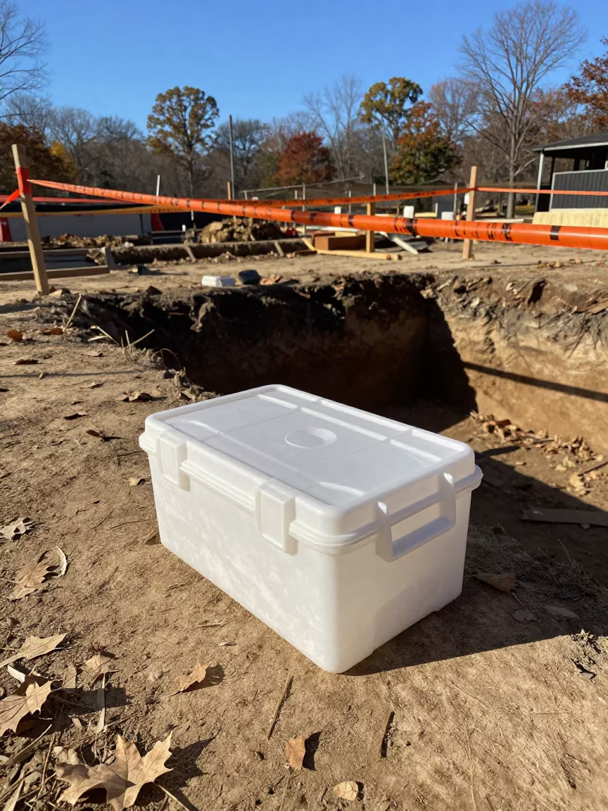 Roof Core Sample Box at Excavation Edge in inside a taped-off excavation edge in Connecticut