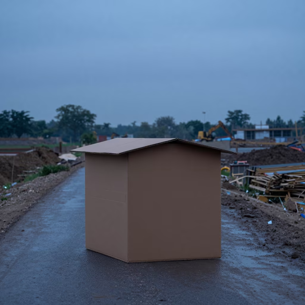 Roof Core Sample Box on Muddy Road at Blue Hour in at a muddy site access road in Khanewal
