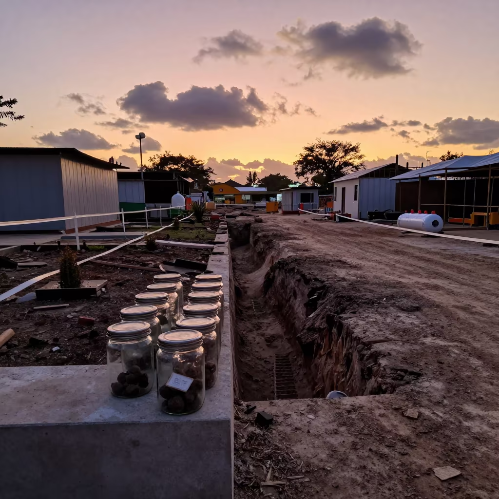 Roof Core Sample Jar Box Before Work Crews Arrive in inside a taped-off excavation edge near Iloilo