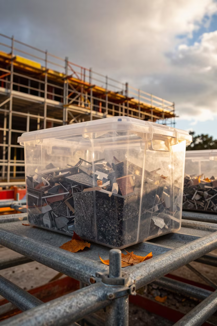 Roof Core Sample Jar Box on Scaffolded Facade in along a scaffolded facade in New Zealand
