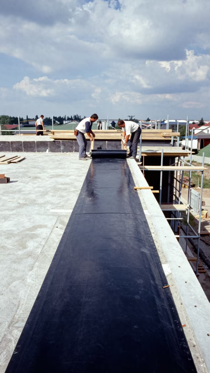Roof Crew Rolling Membrane on Ukrainian Scaffolded Building in along a scaffolded facade in Ukraine
