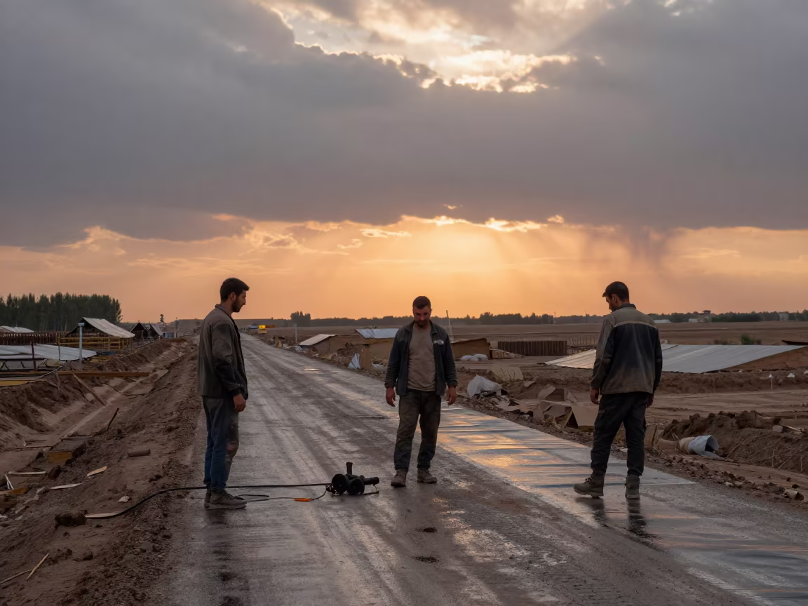 Roof Crew Under Storm Light in Osh Construction Site in at a muddy site access road in Osh