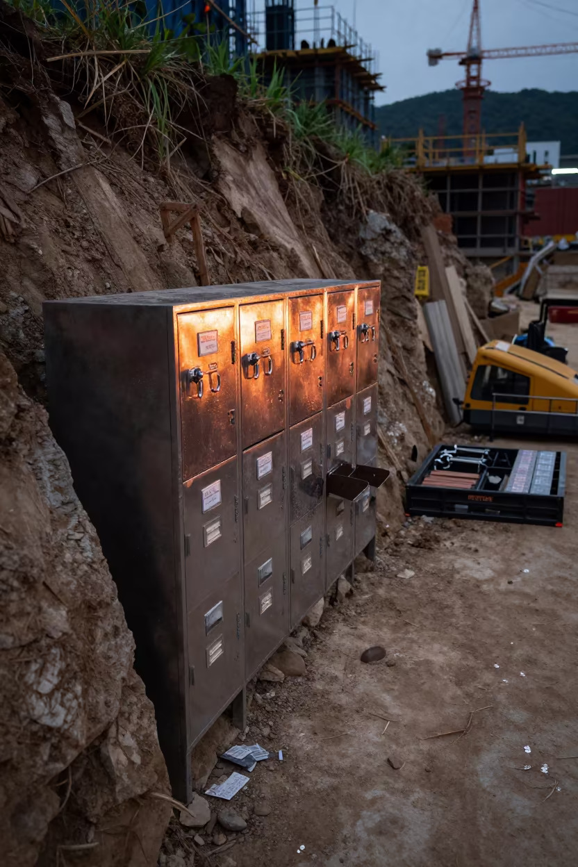 Roof Hatch Key Locker Before Crews Arrive in inside a taped-off excavation edge in South Korea