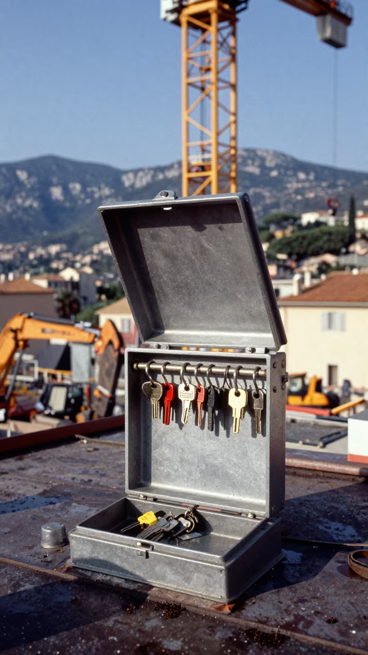 Roof Hatch Key Locker Under Crane in French Riviera in beneath a tower crane on open ground in the French Riviera