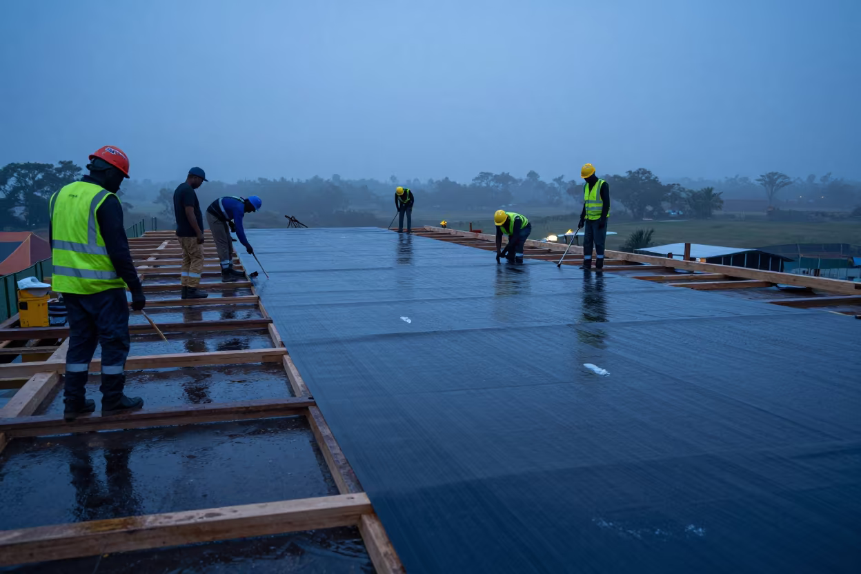 Roof Membrane Crew Working Under Blue Hour Light in on an active construction deck near Dutse
