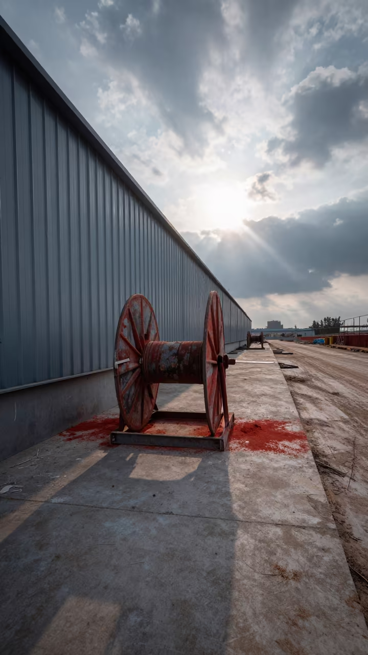 Roof Safety Line Reel in Guangzhou Morning Light in beside a framed building shell in Guangzhou