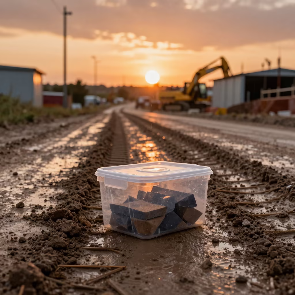 Roof Sample Box on Croatian Muddy Road in at a muddy site access road in Croatia