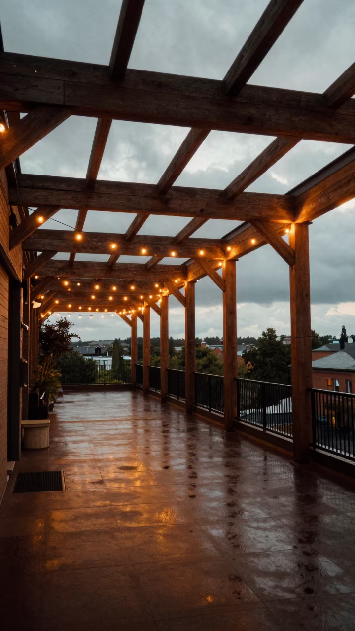 Roof Terrace Shadows and String Lights in Hamilton in inside a skylit passageway in Hamilton