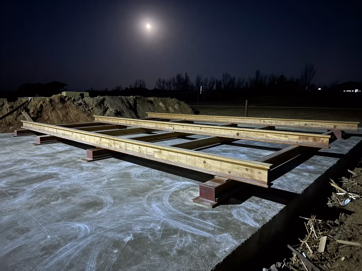 Roof Truss Delivery Bay Under Moonlight in inside a taped-off excavation edge in Anyang