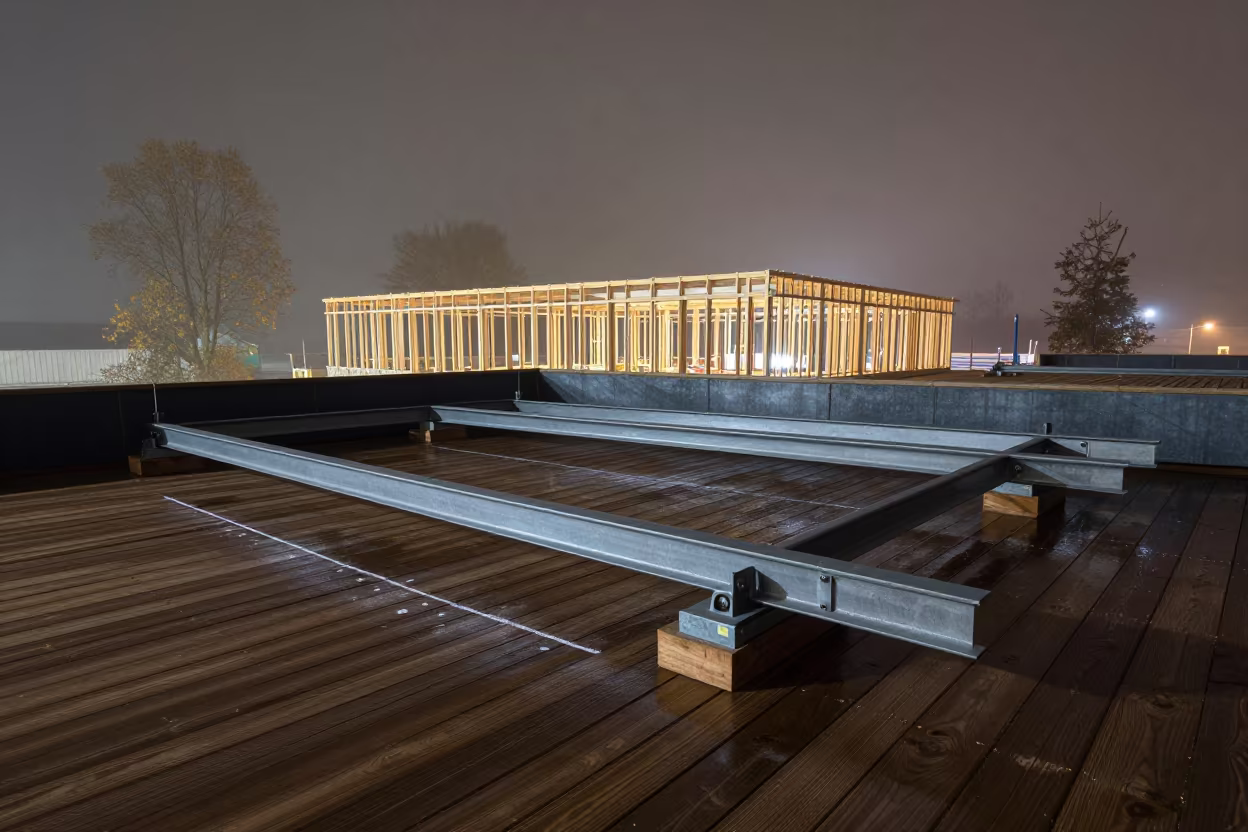 Roof Truss Delivery Bay Under Starlight in beside a framed building shell in France