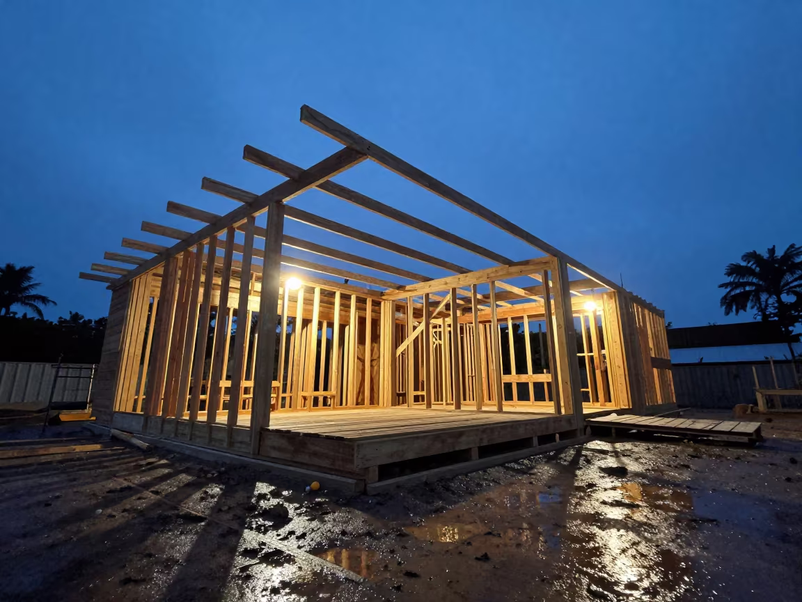 Roof Truss Delivery at Blue Hour Construction Site in on an active construction deck in Guantánamo