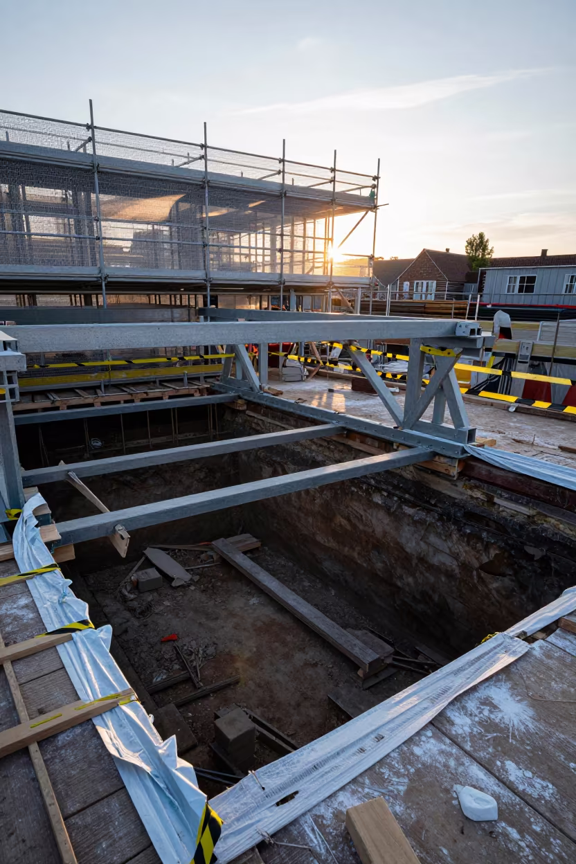 Roof Truss Delivery at Danish Dawn in inside a taped-off excavation edge in Denmark