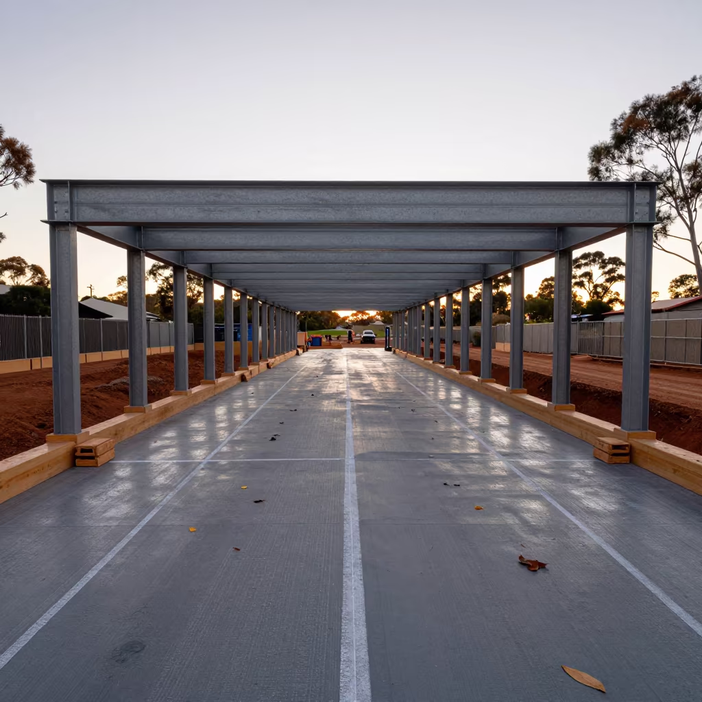 Roof Truss Delivery at Dawn in Western Australia in inside a taped-off excavation edge in Western Australia