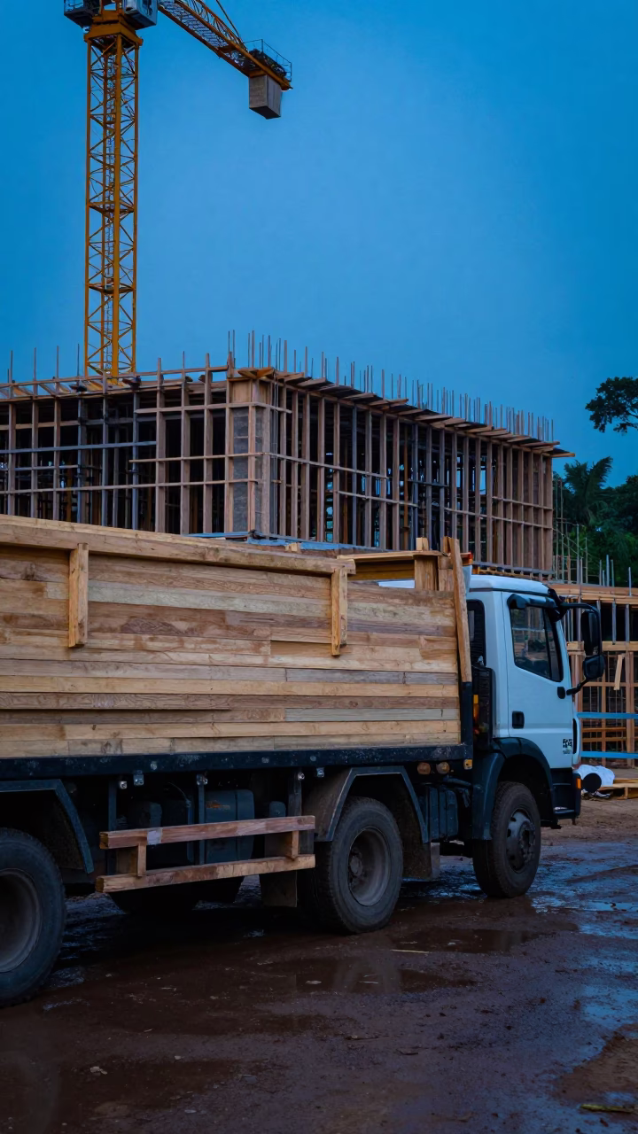 Roof Truss Delivery Paused at Blue Hour in beneath a tower crane on open ground in Sri Lanka