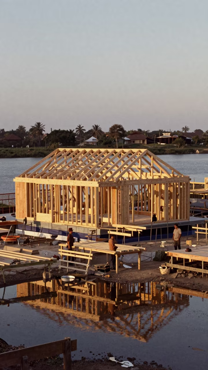 Roof Truss Delivery at Twilight Beside House Frame in on an active construction deck near Ciudad de la Costa