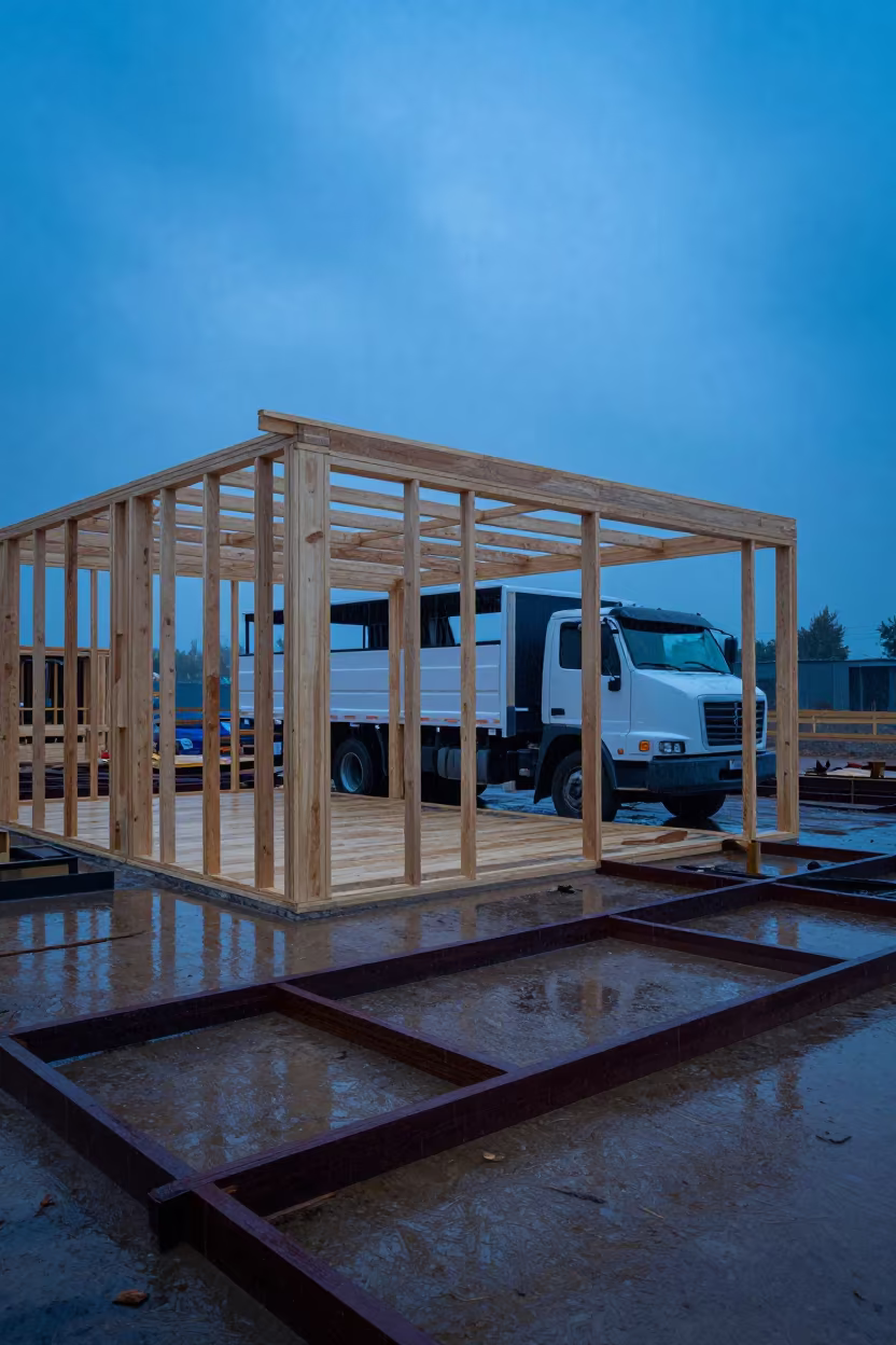 Roof Truss Delivery at Twilight Rain in on an active construction deck in Chile