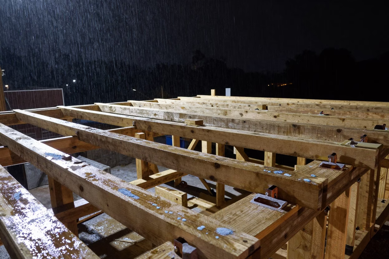 Roof Trusses on Wet Deck in Lubumbashi Night Rain in on an active construction deck in Lubumbashi