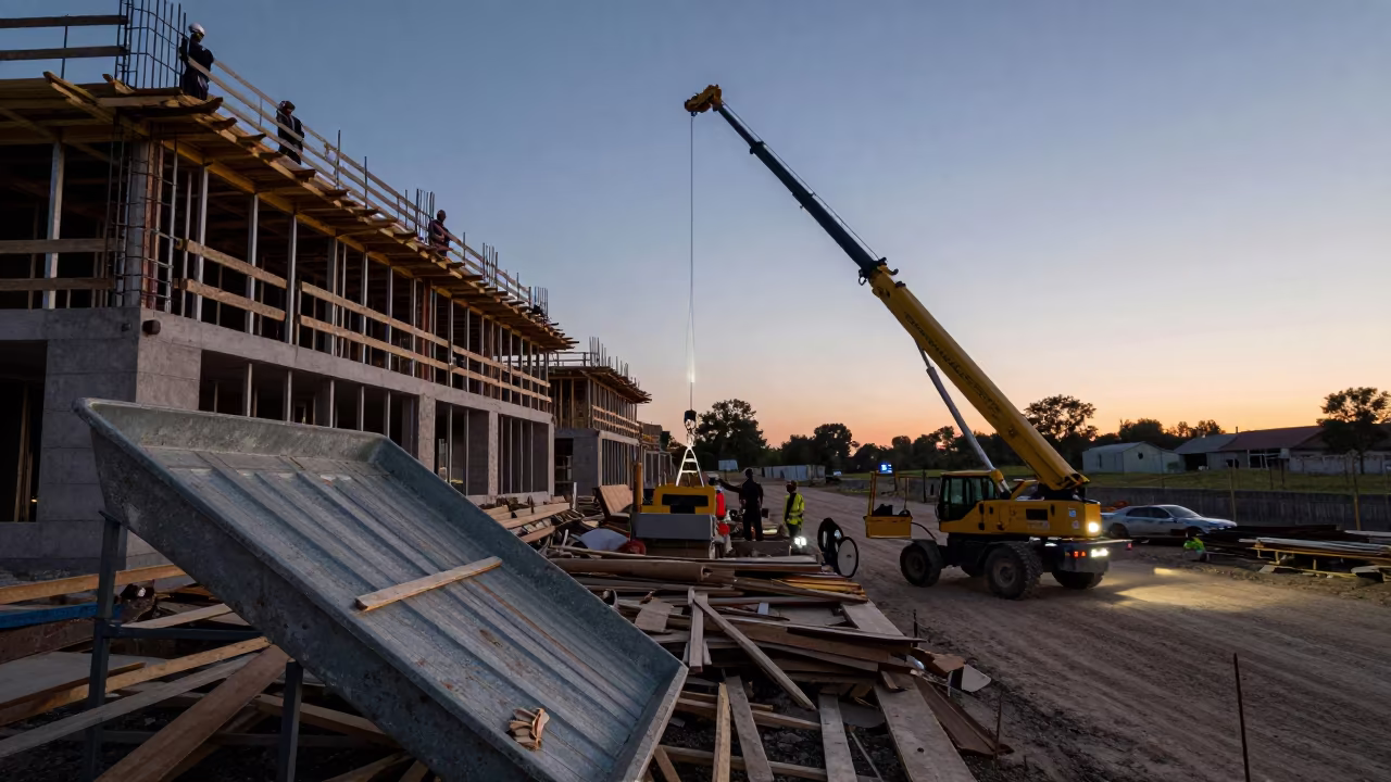 Roofing Crews at Dawn Beside Muhanga Building Shell in beside a framed building shell in Muhanga