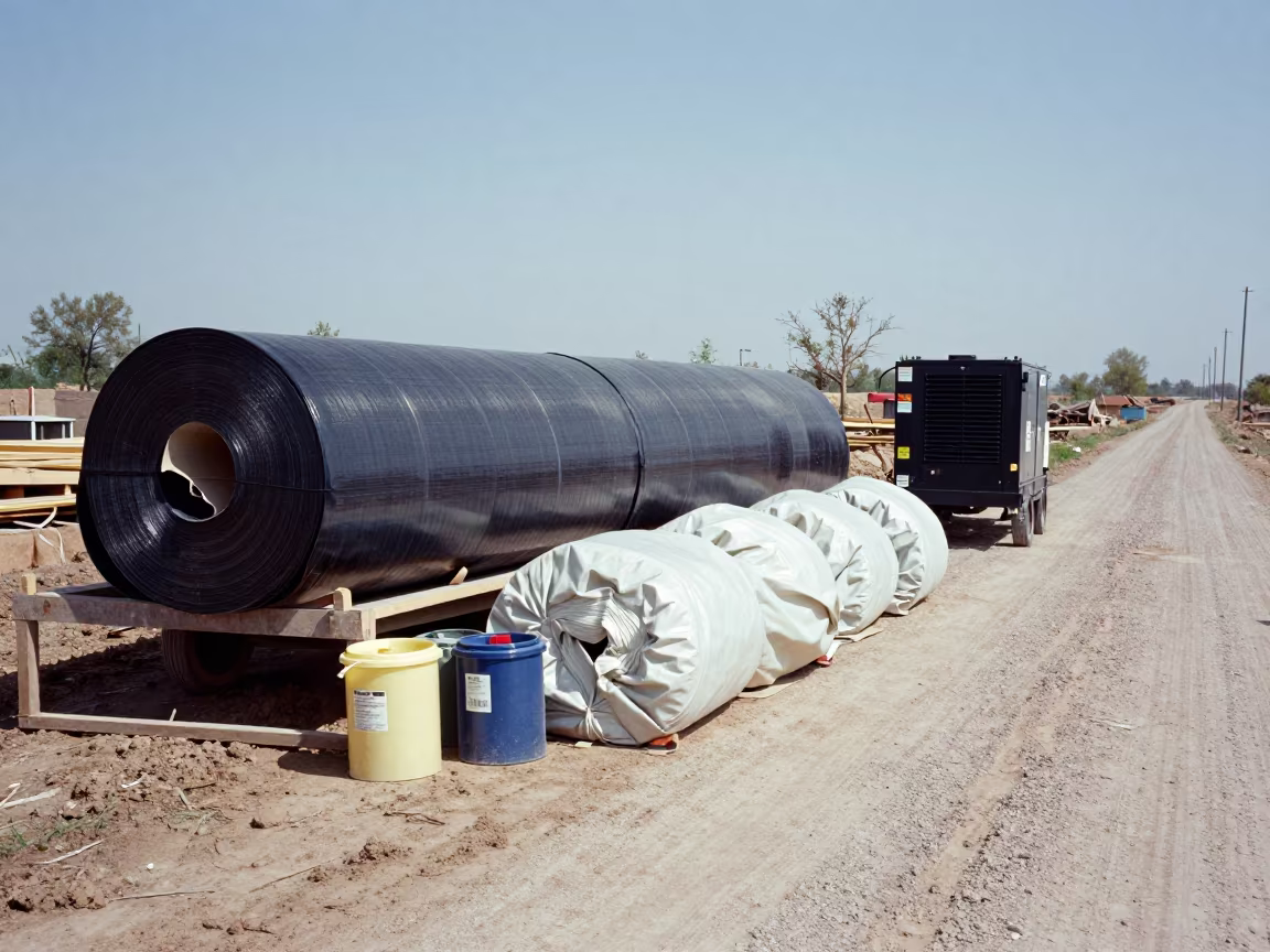 Roofing Materials Cache Under Noon Sun in at a muddy site access road near Hisar