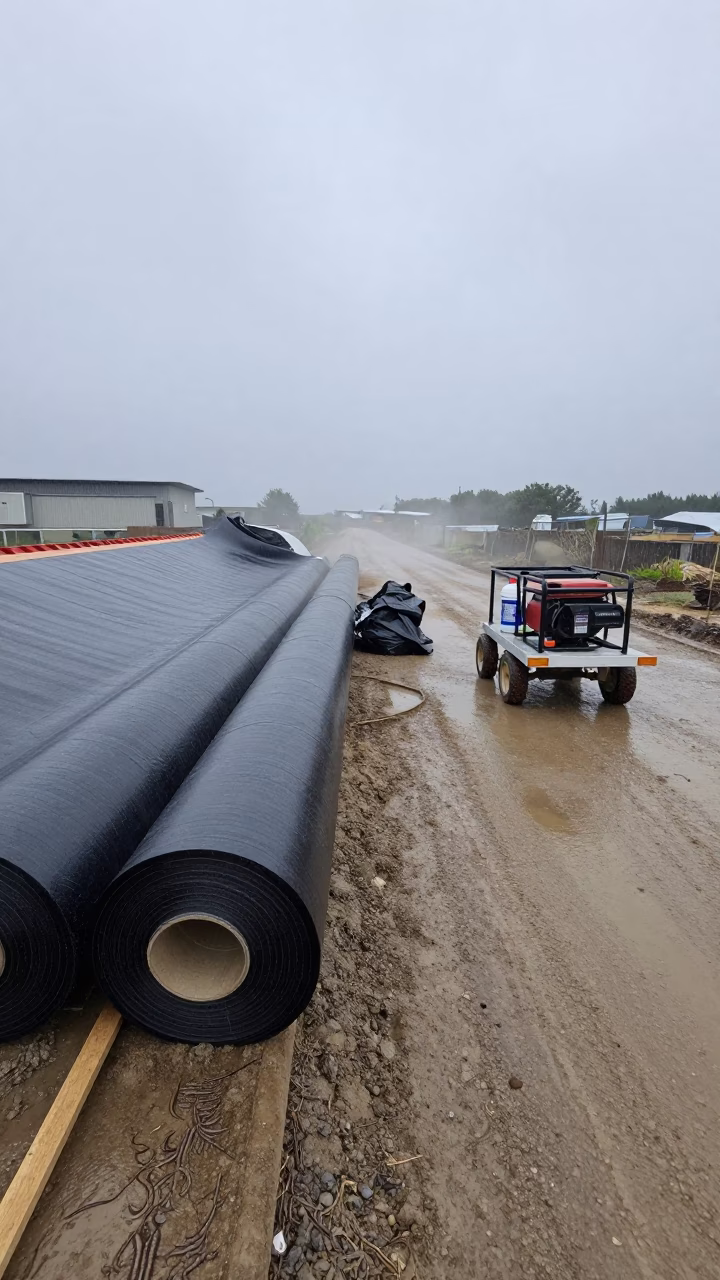 Roofing Materials and Generator Cart in Monsoon Rain in at a muddy site access road near Fukuoka