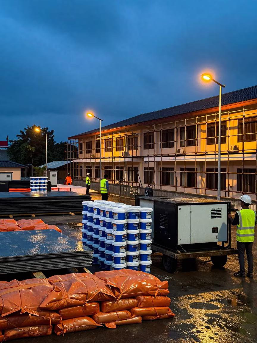 Roofing Materials at Taunggyi Dusk in along a scaffolded facade in Taunggyi