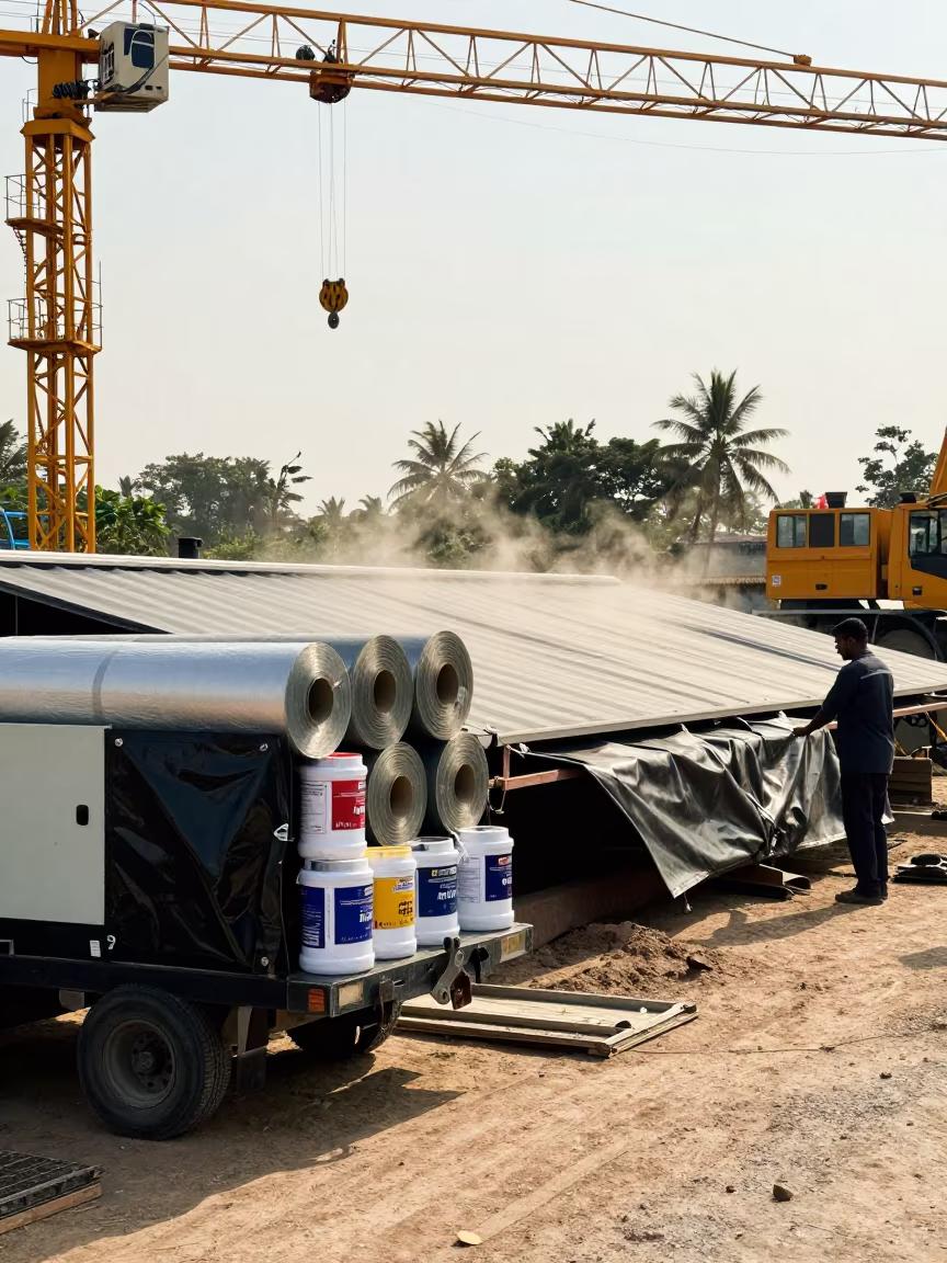 Roofing Materials Under Tower Crane in Sialkot in beneath a tower crane on open ground near Sialkot