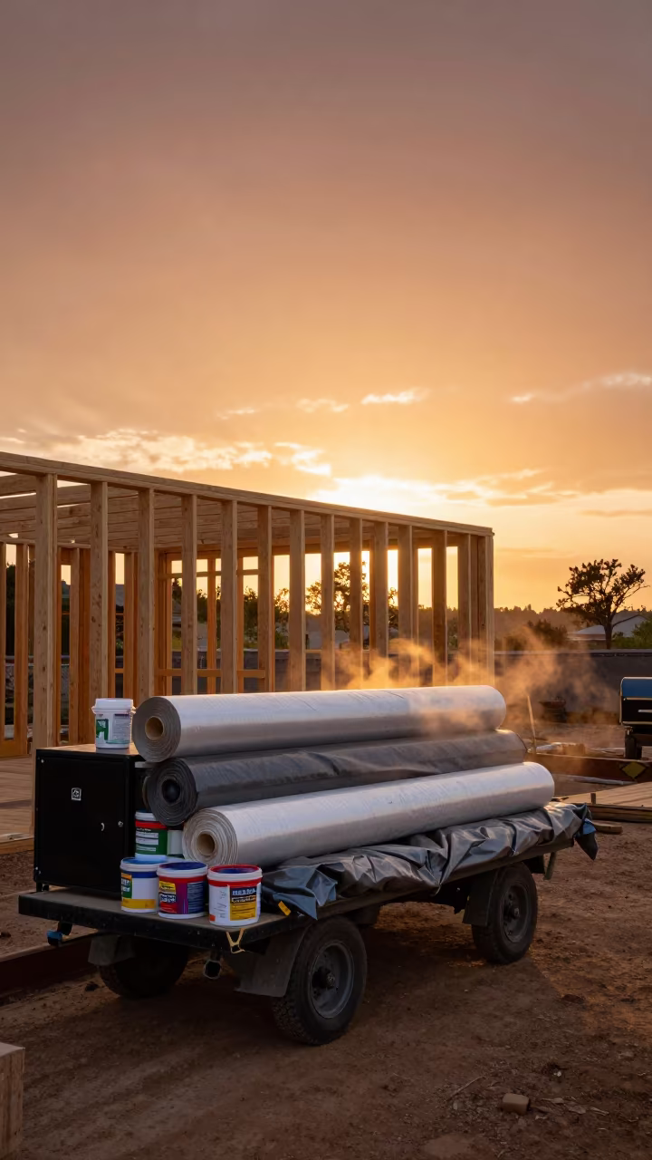 Roofing Supplies Under Amber Sunset Light in beside a framed building shell in the Outback