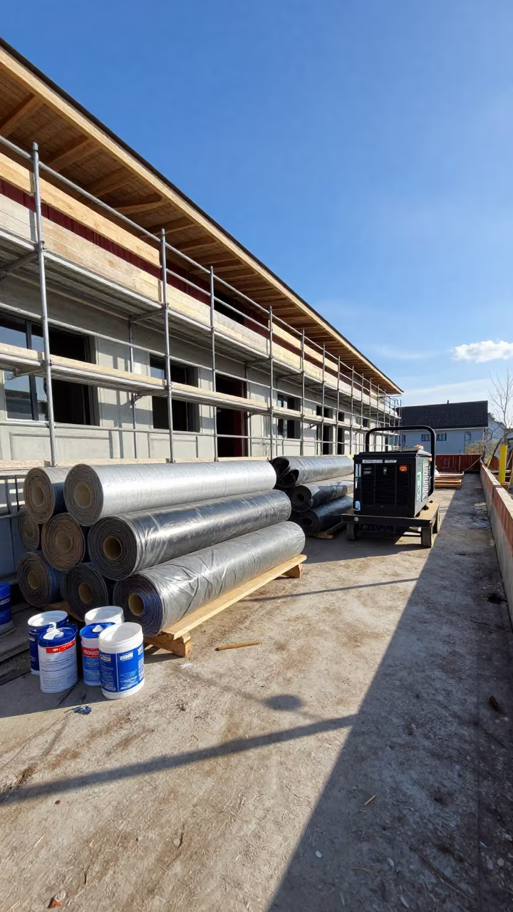 Roofing Supplies Cache Beside Scaffolded Facade in along a scaffolded facade in Geneva