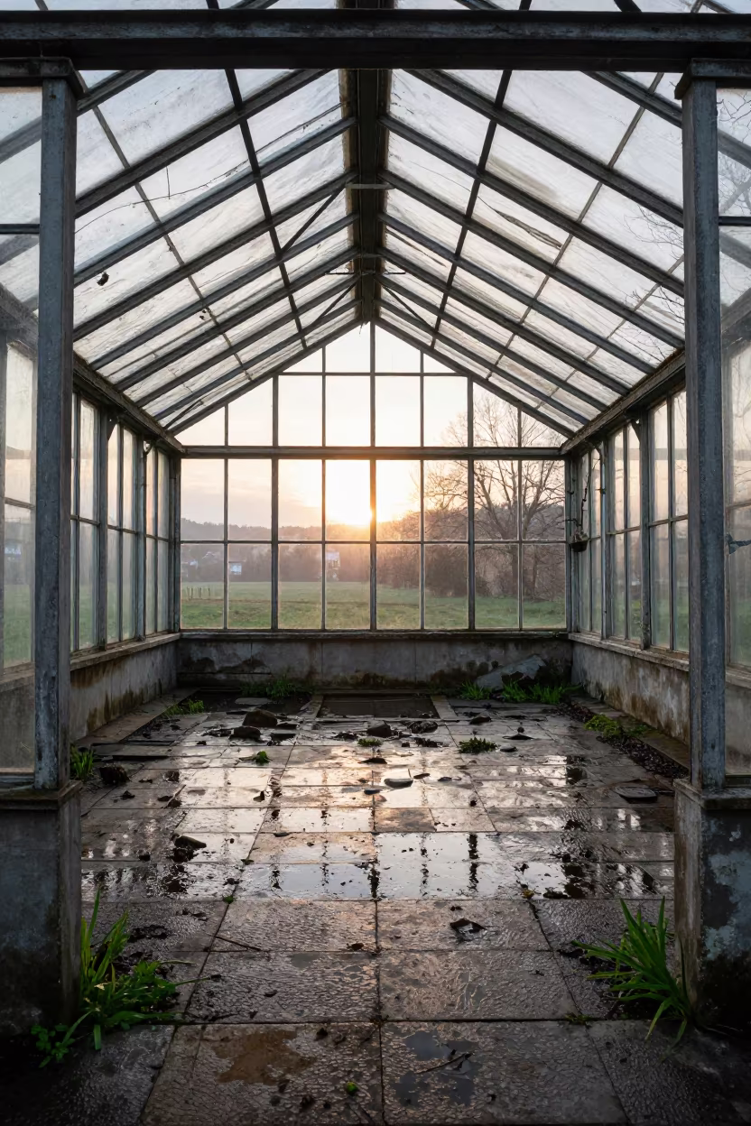 Roofless Austrian Greenhouse Dawn Flooded Floor in inside a roofless nave in Austria