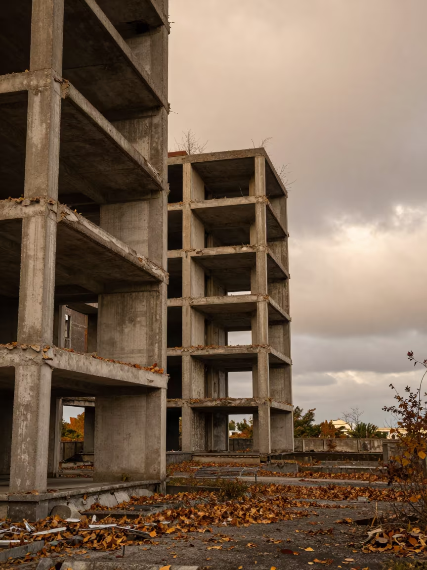 Roofless Brutalist Tower in Autumn Naha in inside a roofless nave near Naha