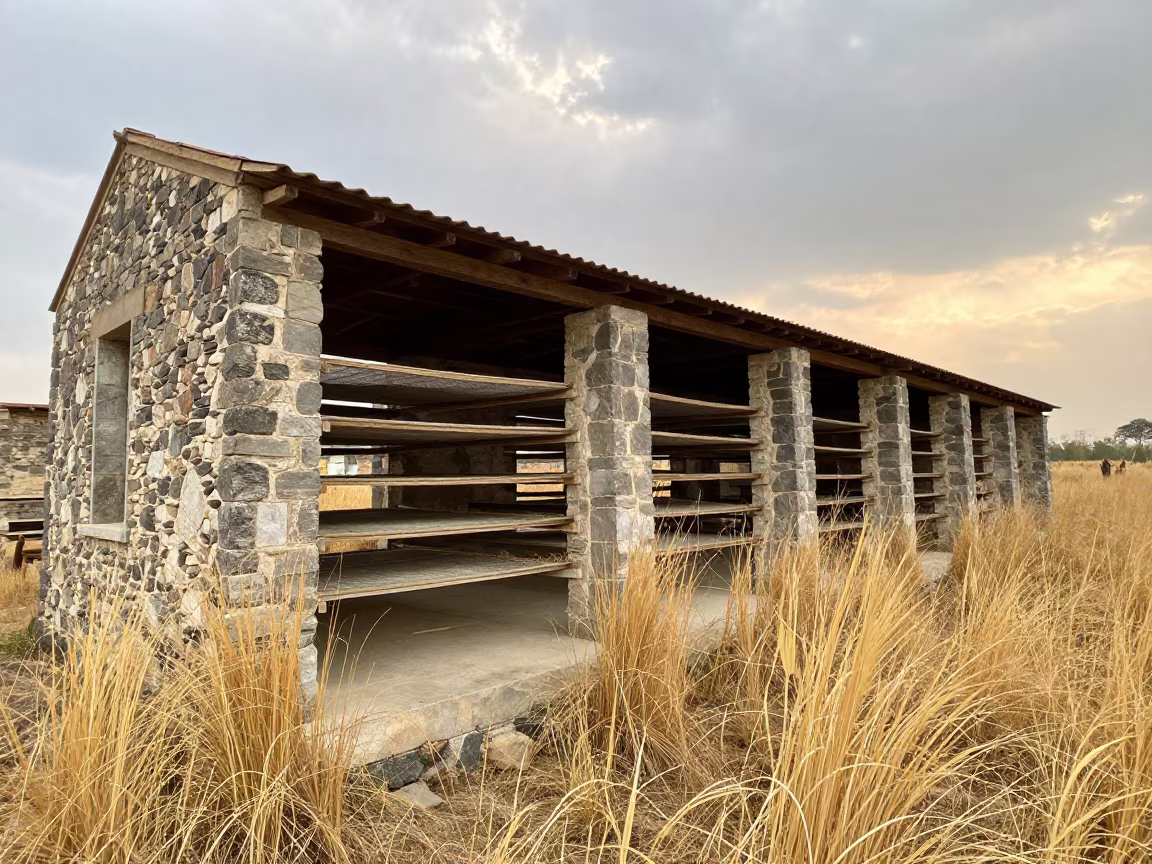 Roofless Colonial Sugar Mill Ruin Amidst Tall Cane Grass in inside a leaf-drying room lined with mesh trays near Salamiyah